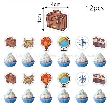 Utazás-térkép témájú parti dekoráció – Kompassz, zászlók és léggömbök, papírból készült rekvizíták a helyszín díszítéséhez születésnapra