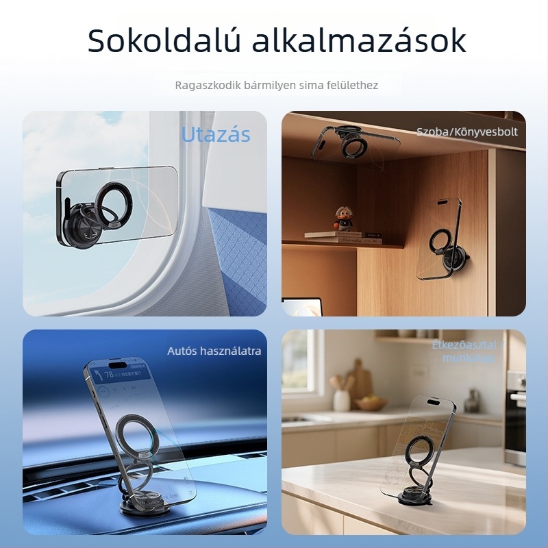 Mágneses autós telefontartó szívófejjel, 360° forgás, univerzális műszerfalhoz