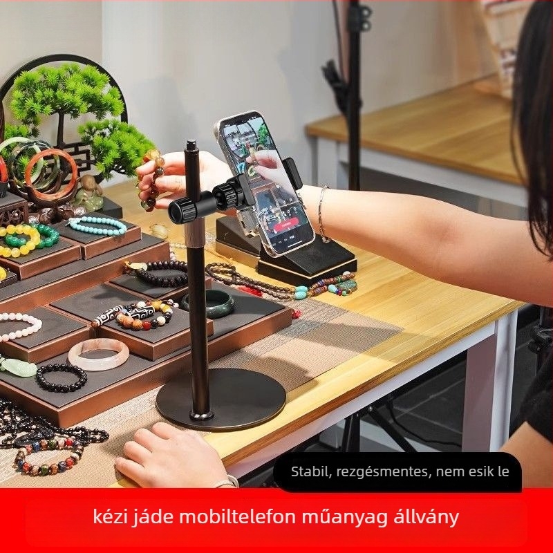 Mobiltelefon-stativ asztali élő közvetítéshez, ötvözetből készült súlyozott alap, forgatható, összecsukható és teleszkópos