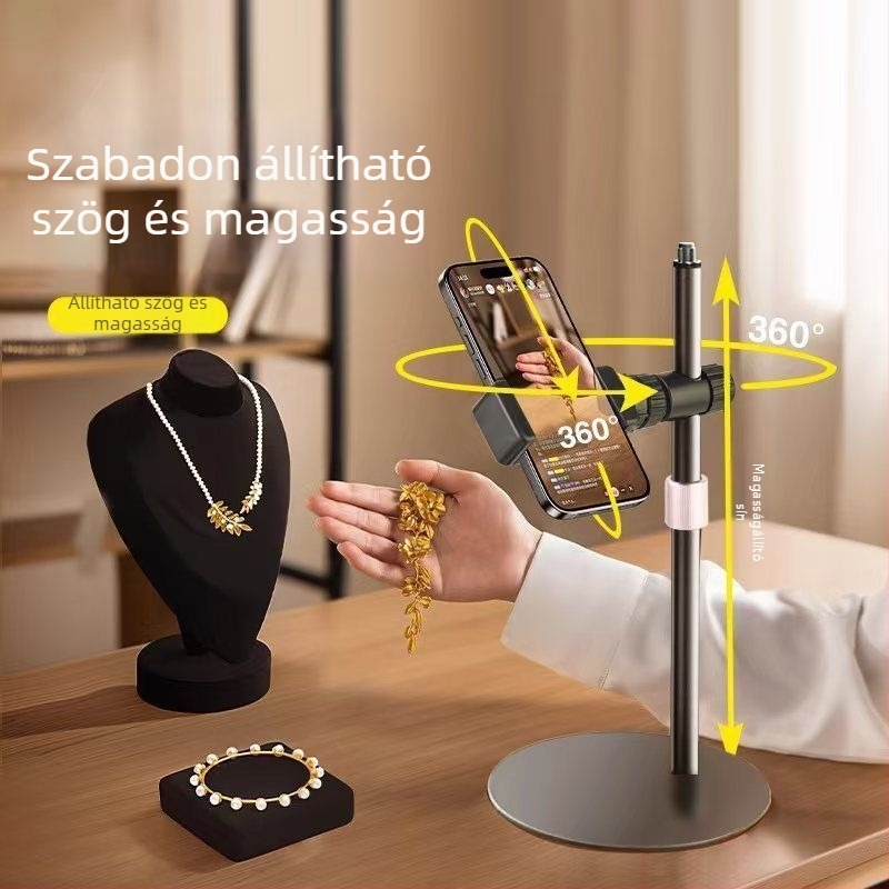 Mobiltelefon-stativ asztali élő közvetítéshez, ötvözetből készült súlyozott alap, forgatható, összecsukható és teleszkópos