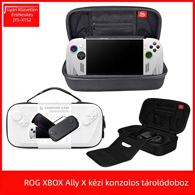 ROG Xbox Ally X kézben tartható tároló táska, cipzáras merev tok, poliészter és PU anyagból, méretek 5×2,8×14,5 cm, tömeg 445,5 g