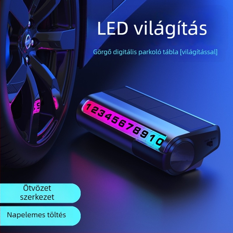 Napelemes autó parkolási számlemez logóval, G2 modell, testreszabható, sötétben világító