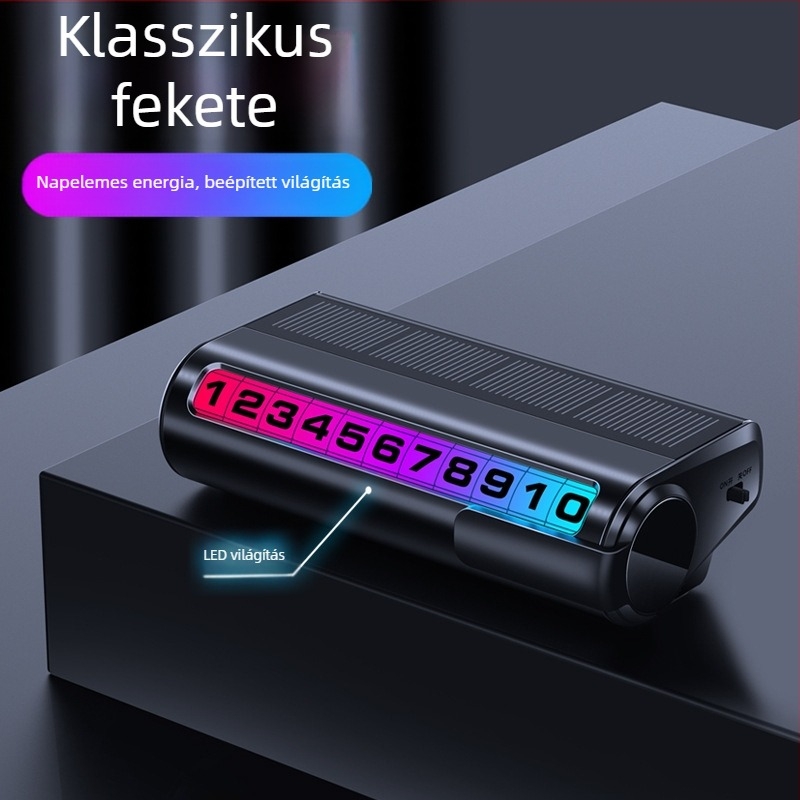 Napelemes autó parkolási számlemez logóval, G2 modell, testreszabható, sötétben világító