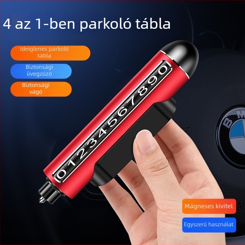 Alumínium ötvözetű autó ideiglenes parkolási jel, telefonszám táblával, modell QN-096, méretek 14 x 2,5 cm, többfunkciós vészcsapó eszköz