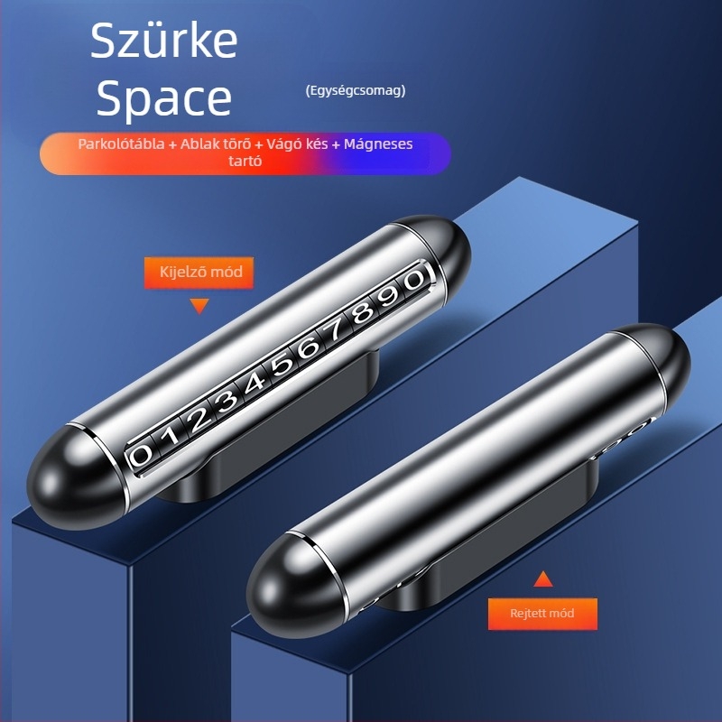 Alumínium ötvözetű autó ideiglenes parkolási jel, telefonszám táblával, modell QN-096, méretek 14 x 2,5 cm, többfunkciós vészcsapó eszköz