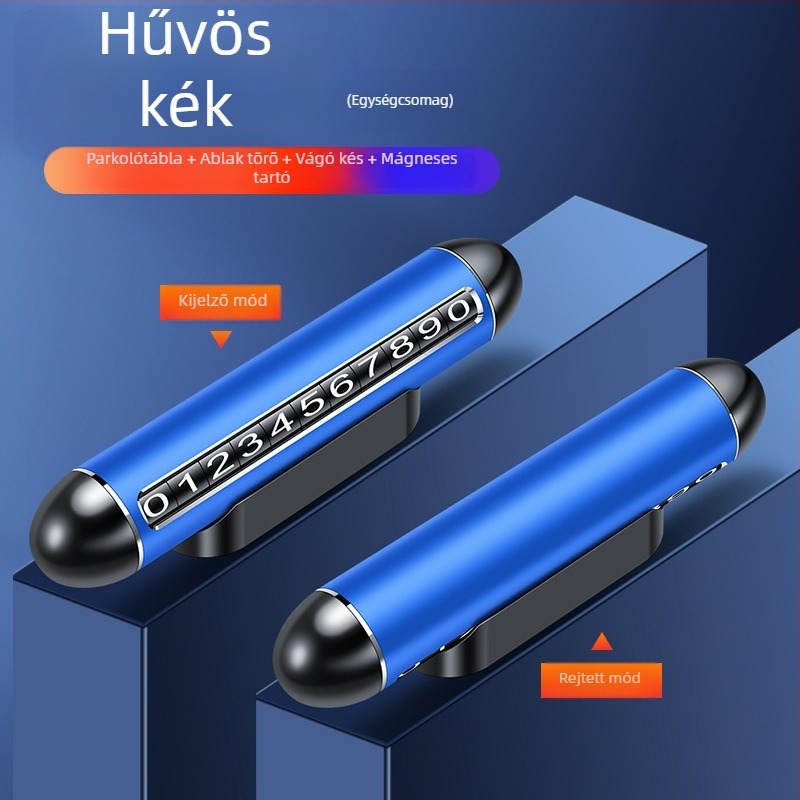 Alumínium ötvözetű autó ideiglenes parkolási jel, telefonszám táblával, modell QN-096, méretek 14 x 2,5 cm, többfunkciós vészcsapó eszköz