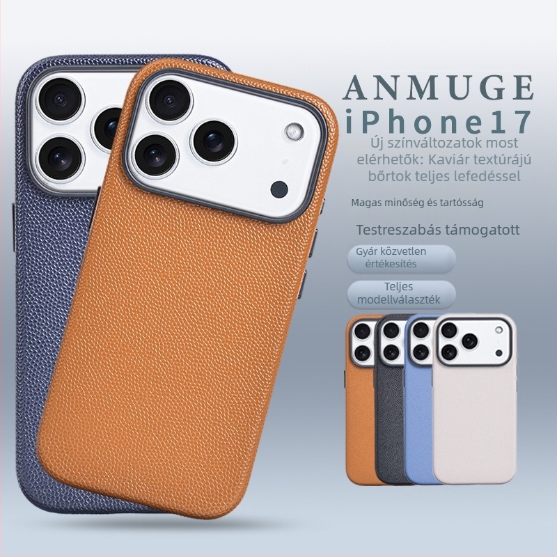 iPhone 17 bőrtok, kézzel készített, teljes védelem, mágneses zárás, csúszásmentes