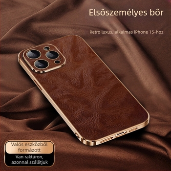 iPhone 16 Pro Max bőrtok elektroplating felülettel, prémium teljes védelem, texturált olaj‑viasz bevonat
