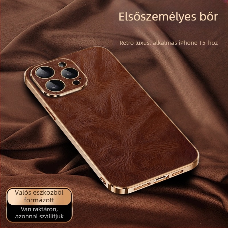 iPhone 16 Pro Max bőrtok elektroplating felülettel, prémium teljes védelem, texturált olaj‑viasz bevonat