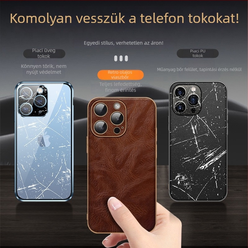 iPhone 16 Pro Max bőrtok elektroplating felülettel, prémium teljes védelem, texturált olaj‑viasz bevonat
