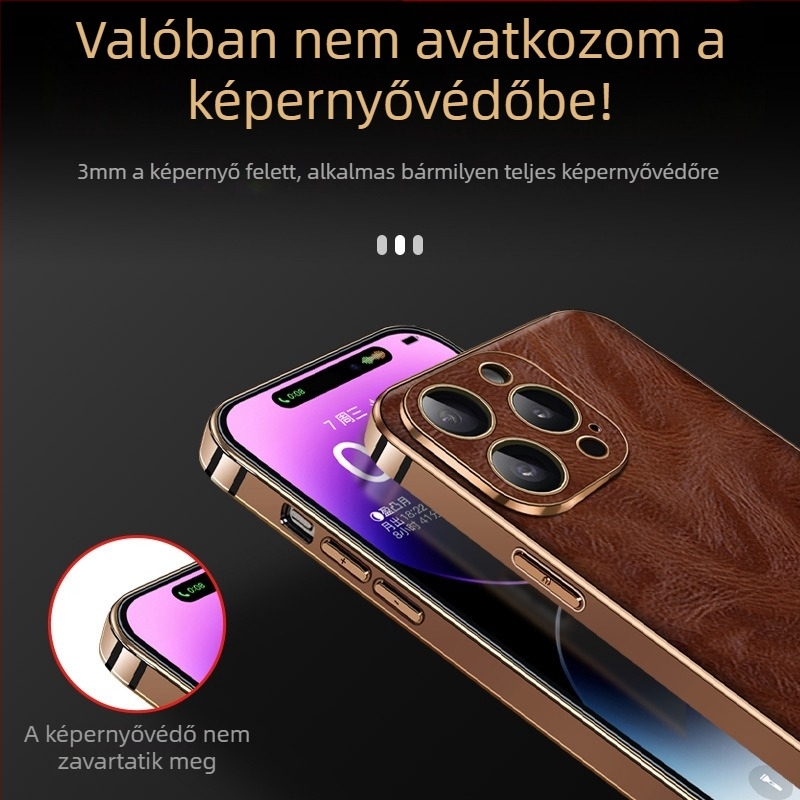 iPhone 16 Pro Max bőrtok elektroplating felülettel, prémium teljes védelem, texturált olaj‑viasz bevonat