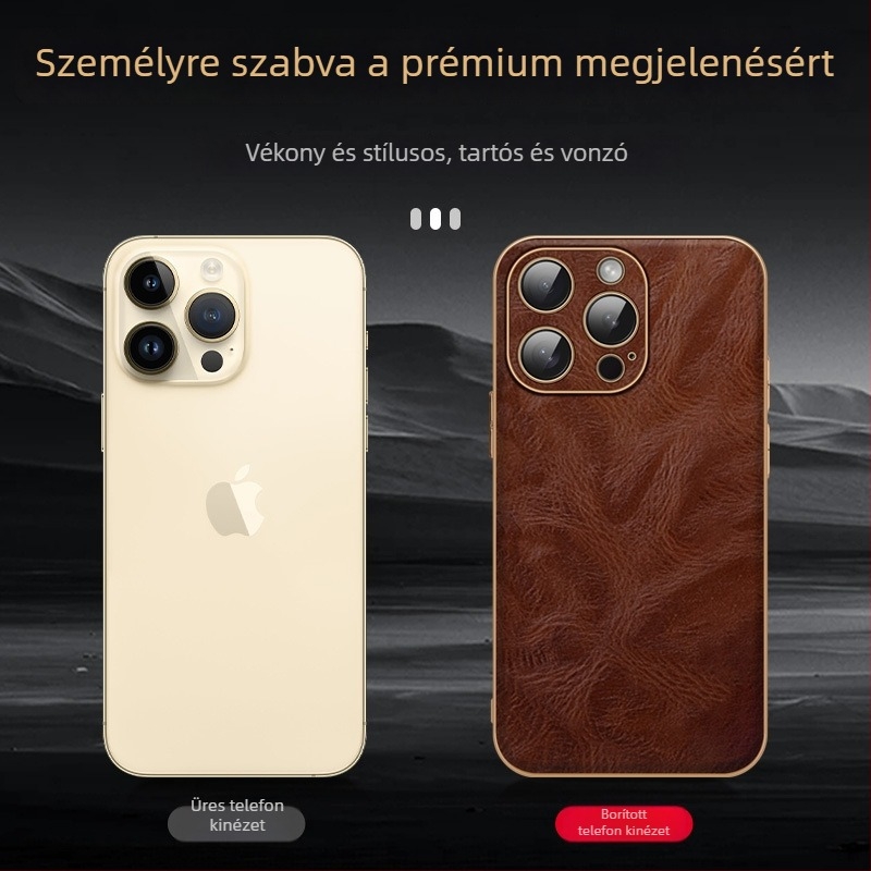 iPhone 16 Pro Max bőrtok elektroplating felülettel, prémium teljes védelem, texturált olaj‑viasz bevonat