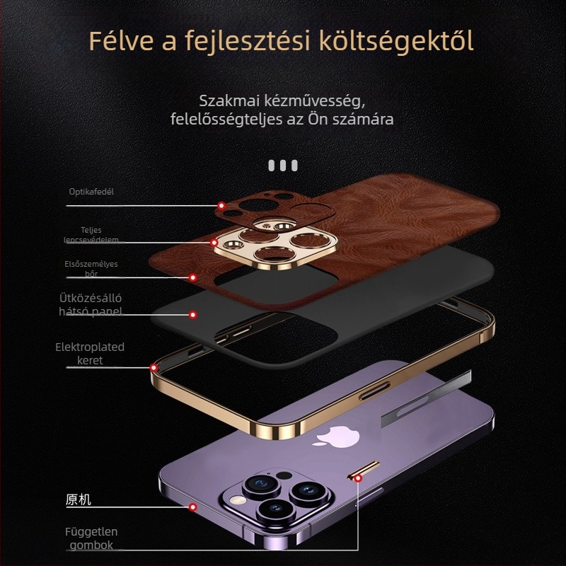 iPhone 16 Pro Max bőrtok elektroplating felülettel, prémium teljes védelem, texturált olaj‑viasz bevonat