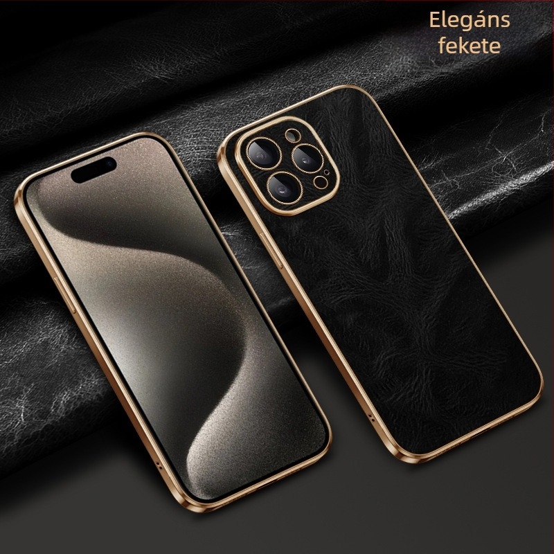 iPhone 16 Pro Max bőrtok elektroplating felülettel, prémium teljes védelem, texturált olaj‑viasz bevonat