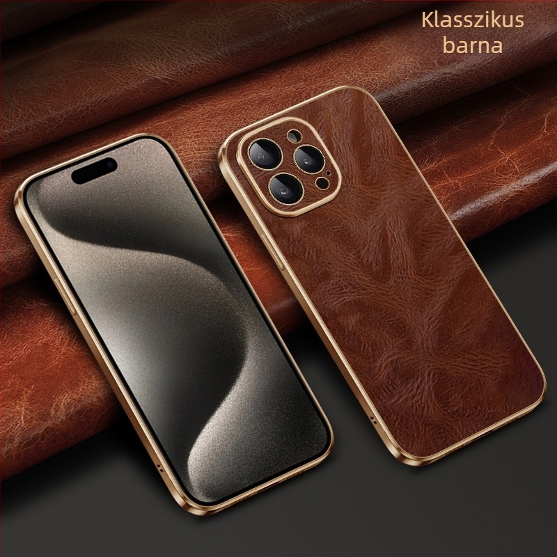 iPhone 16 Pro Max bőrtok elektroplating felülettel, prémium teljes védelem, texturált olaj‑viasz bevonat