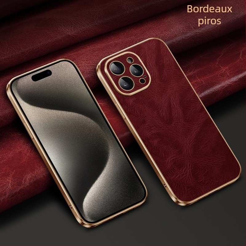 iPhone 16 Pro Max bőrtok elektroplating felülettel, prémium teljes védelem, texturált olaj‑viasz bevonat