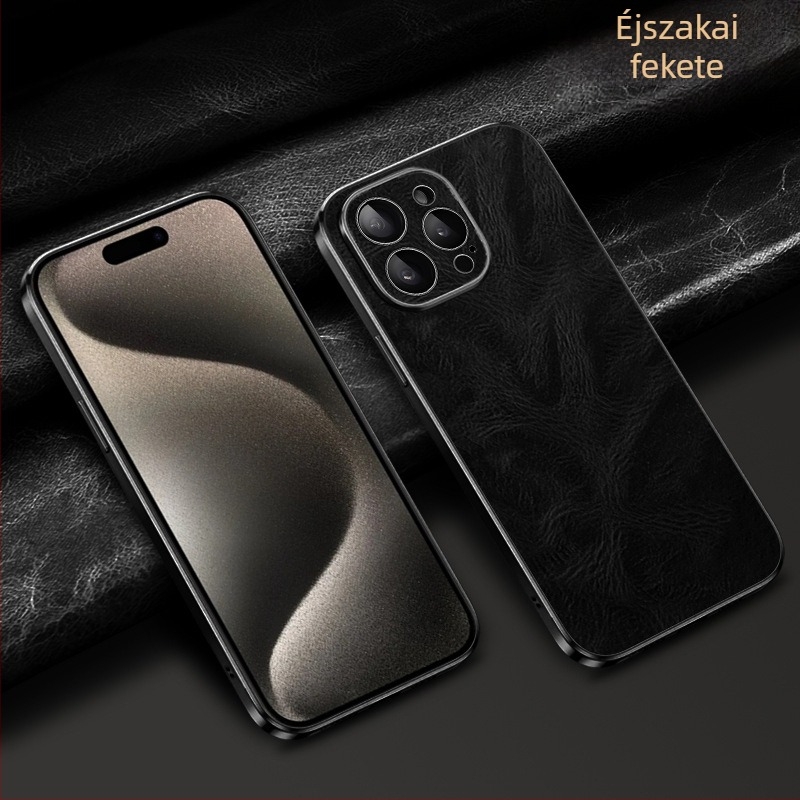 iPhone 16 Pro Max bőrtok elektroplating felülettel, prémium teljes védelem, texturált olaj‑viasz bevonat