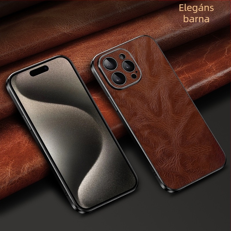 iPhone 16 Pro Max bőrtok elektroplating felülettel, prémium teljes védelem, texturált olaj‑viasz bevonat