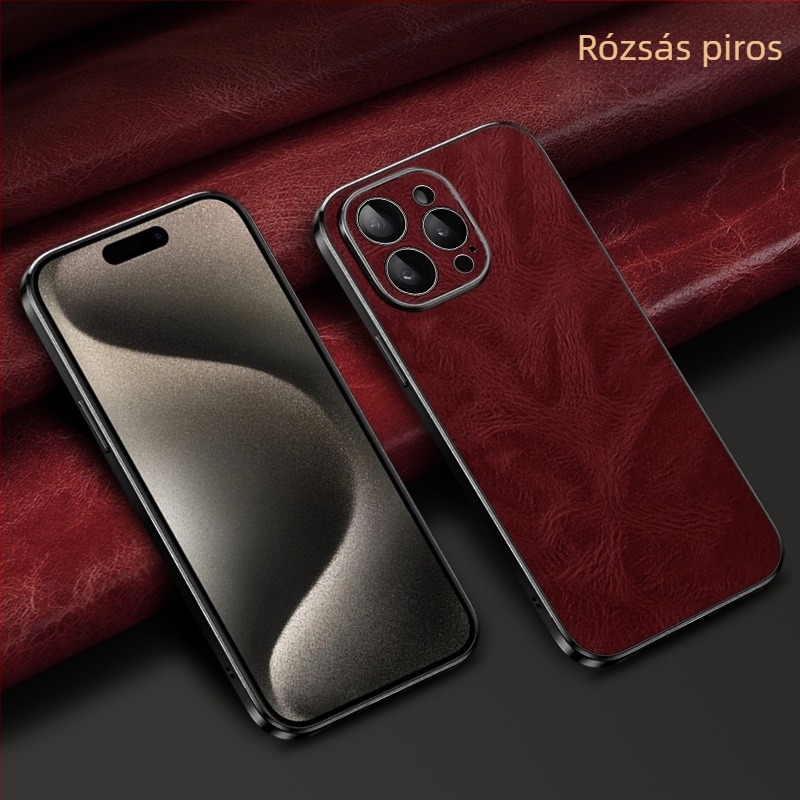 iPhone 16 Pro Max bőrtok elektroplating felülettel, prémium teljes védelem, texturált olaj‑viasz bevonat