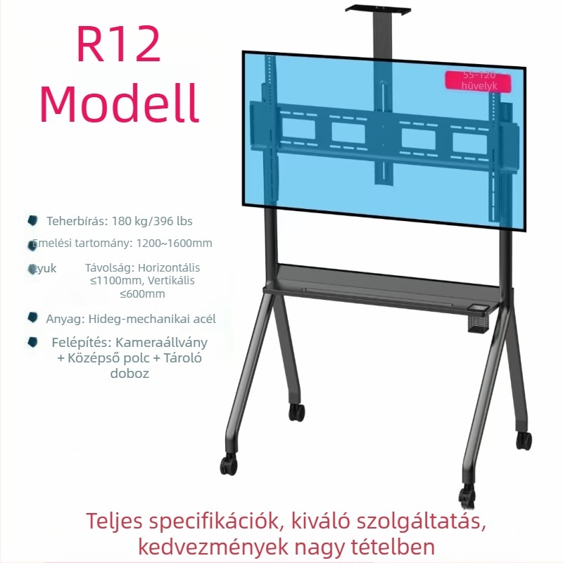 Jihui R-sorozat mobil TV állvány (R10/R12) vas tartóval, terhelhetőség 15 kg felett, teljesen automata állítás
