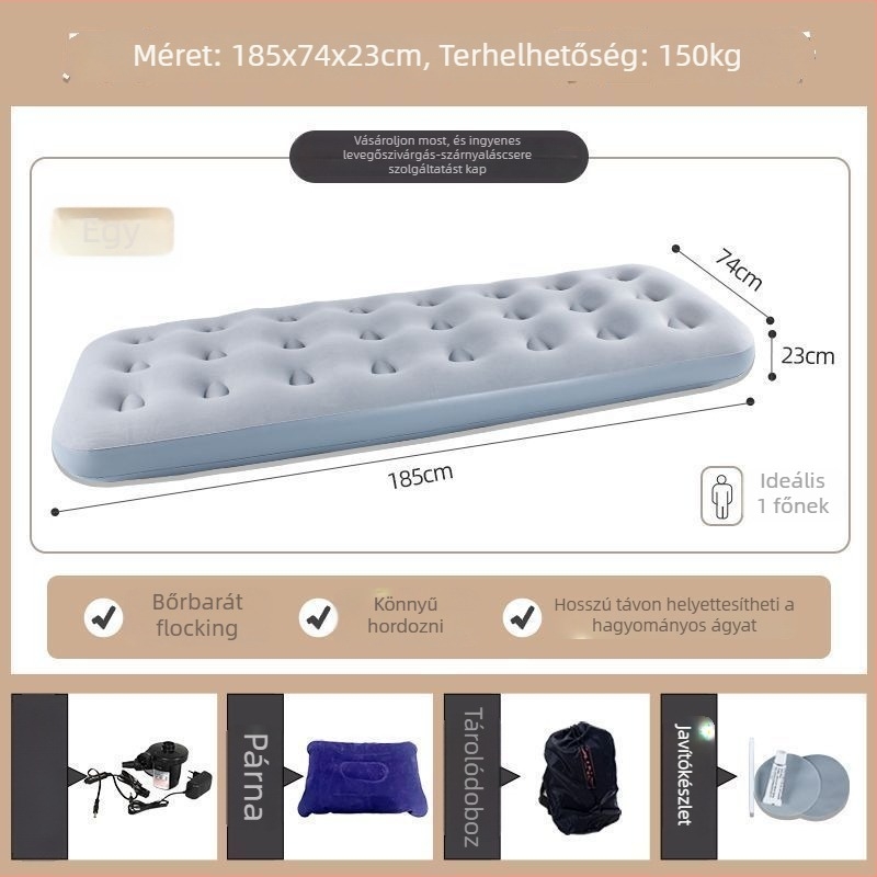 Kültéri kempinghez készült felfújható ágy, önfelfújó, kétszintes, összecsukható, külső pumpával