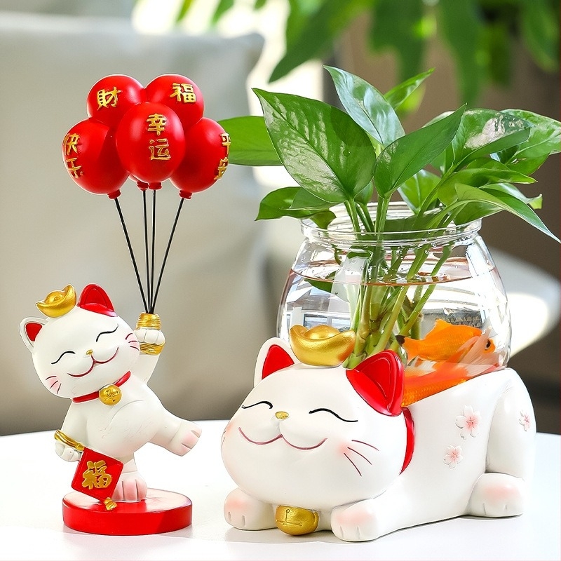 Lucky Cat hidroponikus váza – gyanta, modern minimalist design, asztali mikro táj dekoráció