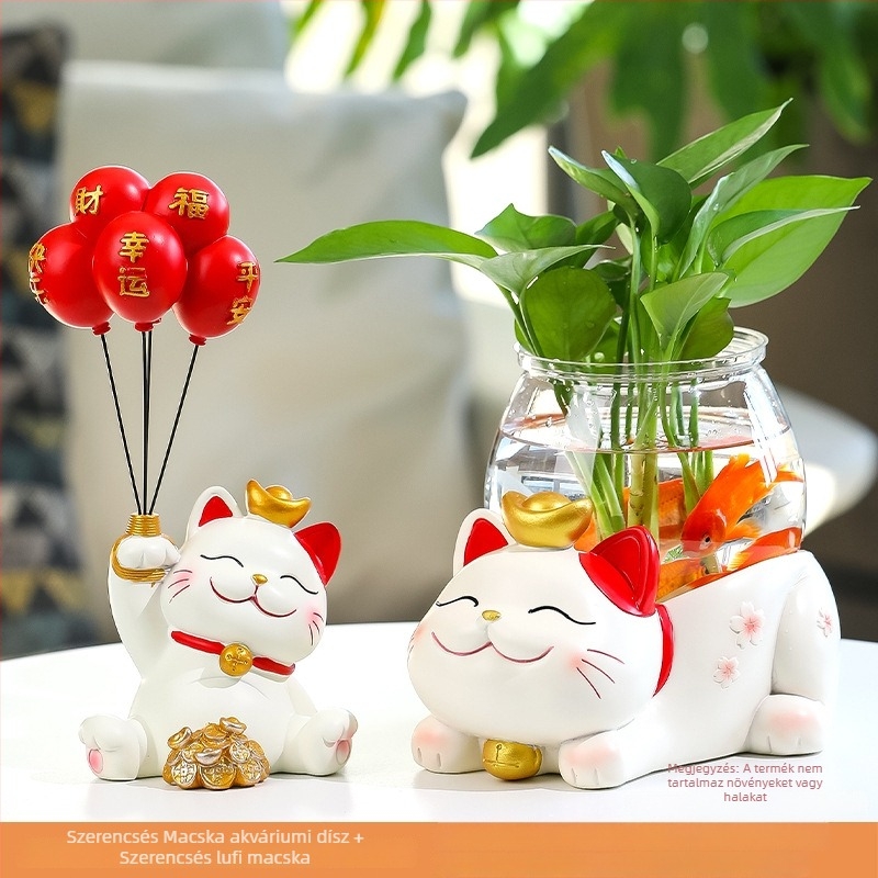 Lucky Cat hidroponikus váza – gyanta, modern minimalist design, asztali mikro táj dekoráció