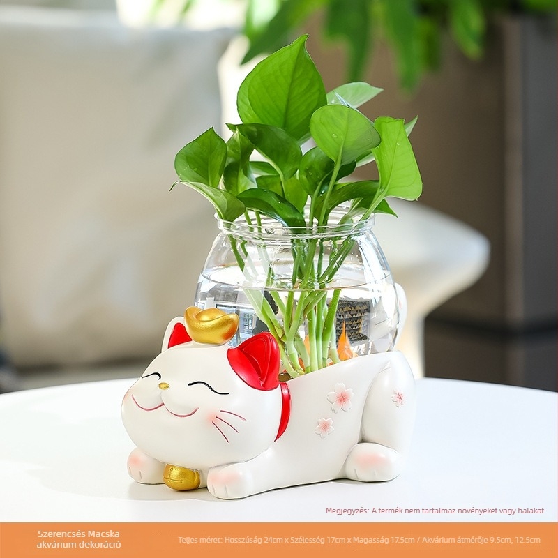 Lucky Cat hidroponikus váza – gyanta, modern minimalist design, asztali mikro táj dekoráció