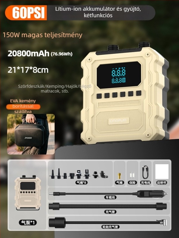 Campum 12V újratölthető kettős hengeres elektromos légpumpa felfújható hajókhoz, SUP-okhoz és légpárnákhoz – 70 L/min, 120 W, digitális kijelző