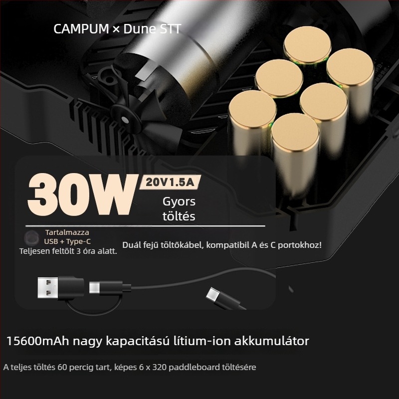 Campum 12V újratölthető kettős hengeres elektromos légpumpa felfújható hajókhoz, SUP-okhoz és légpárnákhoz – 70 L/min, 120 W, digitális kijelző