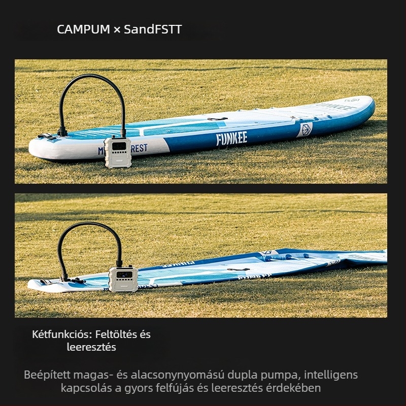Campum 12V újratölthető kettős hengeres elektromos légpumpa felfújható hajókhoz, SUP-okhoz és légpárnákhoz – 70 L/min, 120 W, digitális kijelző