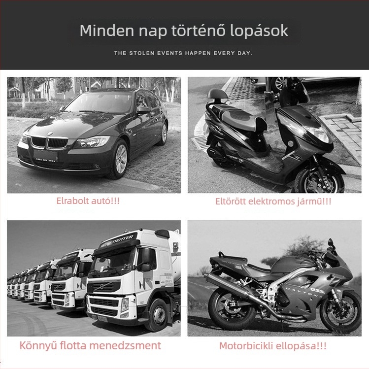 4G vezetékes GPS pozicionáló, modell J26A, GPS pontosság 5-10 m, riasztások: áramellátás kikapcsolása, SOS, mozgás, geofence, beépített GPS + GSM antenna
