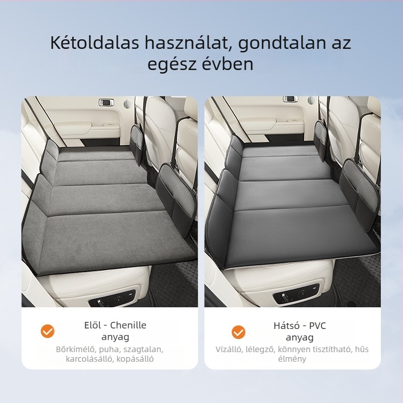 Autó hátsó üléseihez illeszkedő összecsukható hálómatrac — univerzális; PVC és Snowny velvet anyagok; 325 kg terhelhetőség; pumpa nélkül