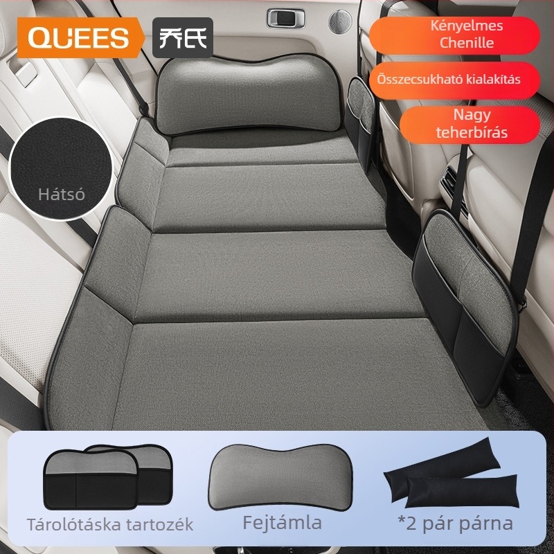 Autó hátsó üléseihez illeszkedő összecsukható hálómatrac — univerzális; PVC és Snowny velvet anyagok; 325 kg terhelhetőség; pumpa nélkül