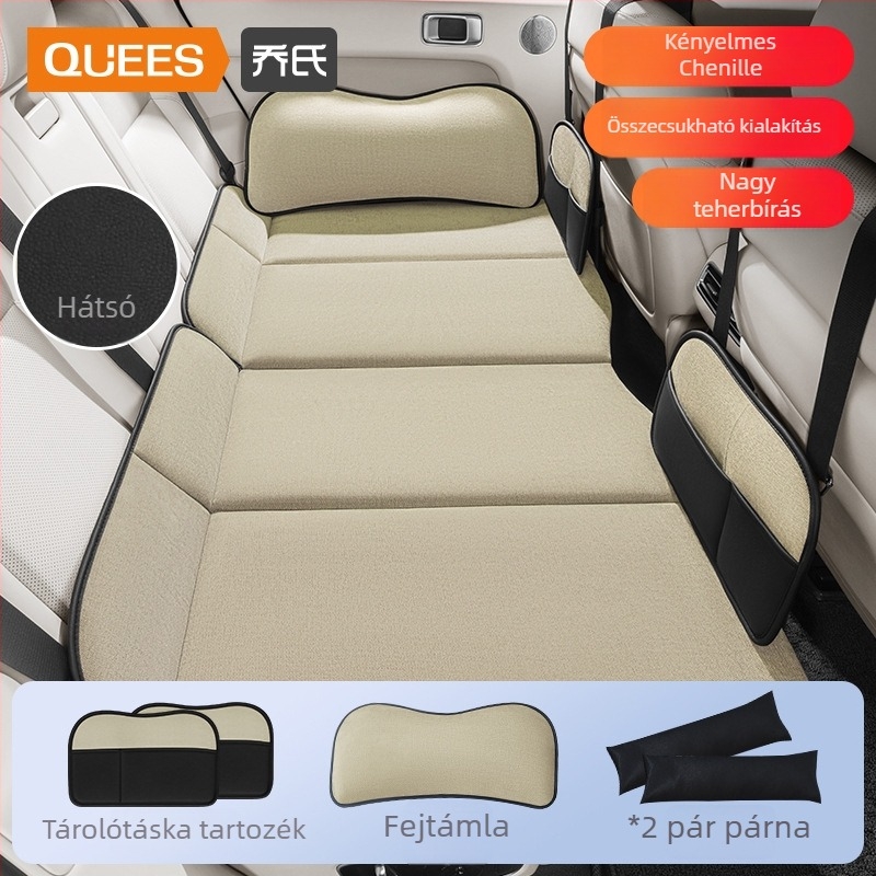 Autó hátsó üléseihez illeszkedő összecsukható hálómatrac — univerzális; PVC és Snowny velvet anyagok; 325 kg terhelhetőség; pumpa nélkül