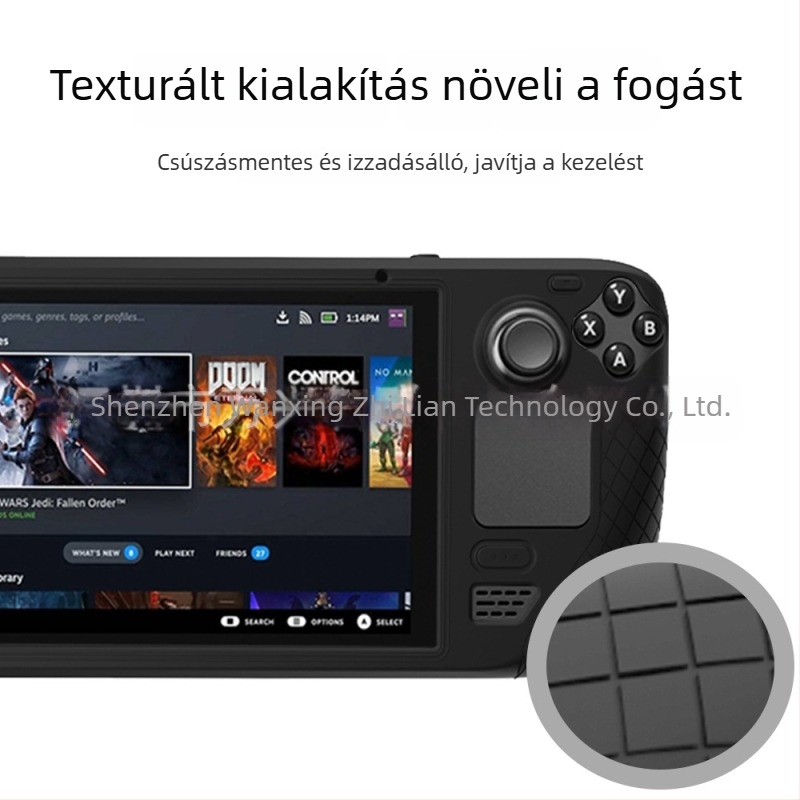 Steam Deck szilikon védőtok szilikon héj és vezető sapka – beer-glue folyamat; súly 155 g; tartalom: színes doboz, szilikon védőhüvely, rocker sapka, hab, OPP zacskó
