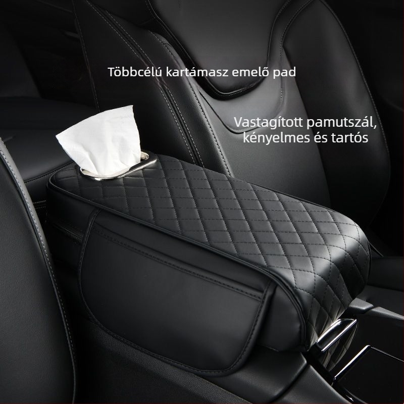 Autókarfa emelős párna tároló táskával és zsebkendő-dobozzal – 3-in-1; PVC; univerzális modell; testreszabható