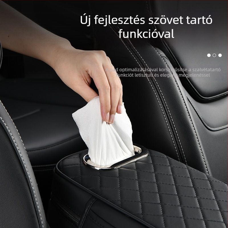 Autókarfa emelős párna tároló táskával és zsebkendő-dobozzal – 3-in-1; PVC; univerzális modell; testreszabható