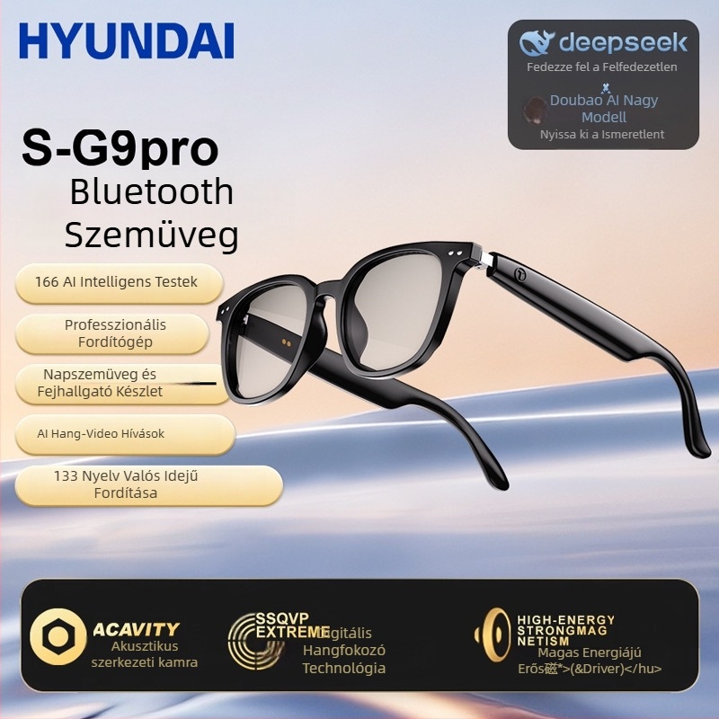 Hyundai SG-9Pro AI Fordító szemüveg Bluetooth-szal — Egyszerre tolmácsolás, AI fordítás, Bluetooth zenelejátszás, konferencia felvétel, vezeték nélküli hatótávolság >10 m