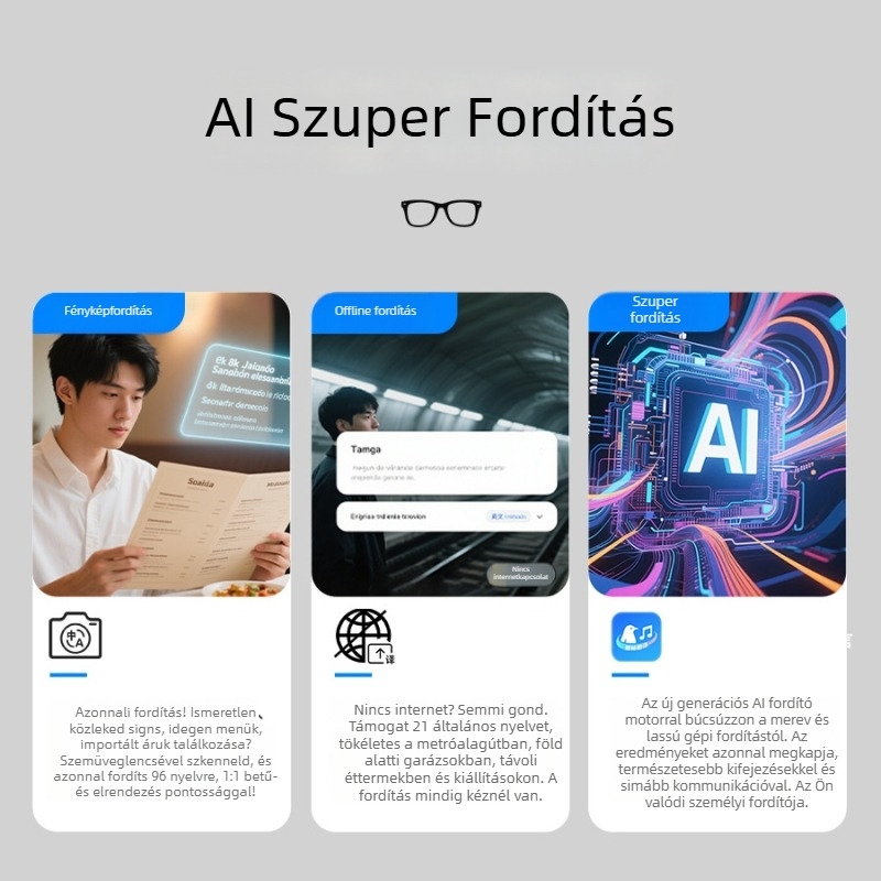 Hyundai SG-9Pro AI Fordító szemüveg Bluetooth-szal — Egyszerre tolmácsolás, AI fordítás, Bluetooth zenelejátszás, konferencia felvétel, vezeték nélküli hatótávolság >10 m