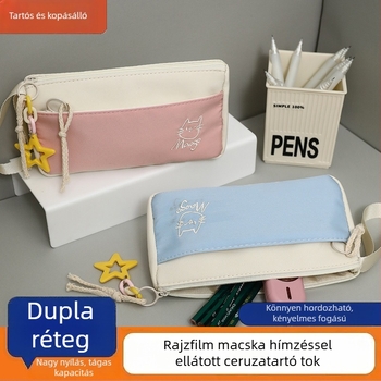 Macskás hímzett tolltartó, minimalist design, nagy kapacitás, speciális irodaszerek, ceruzatartó, magas esztétikai érték