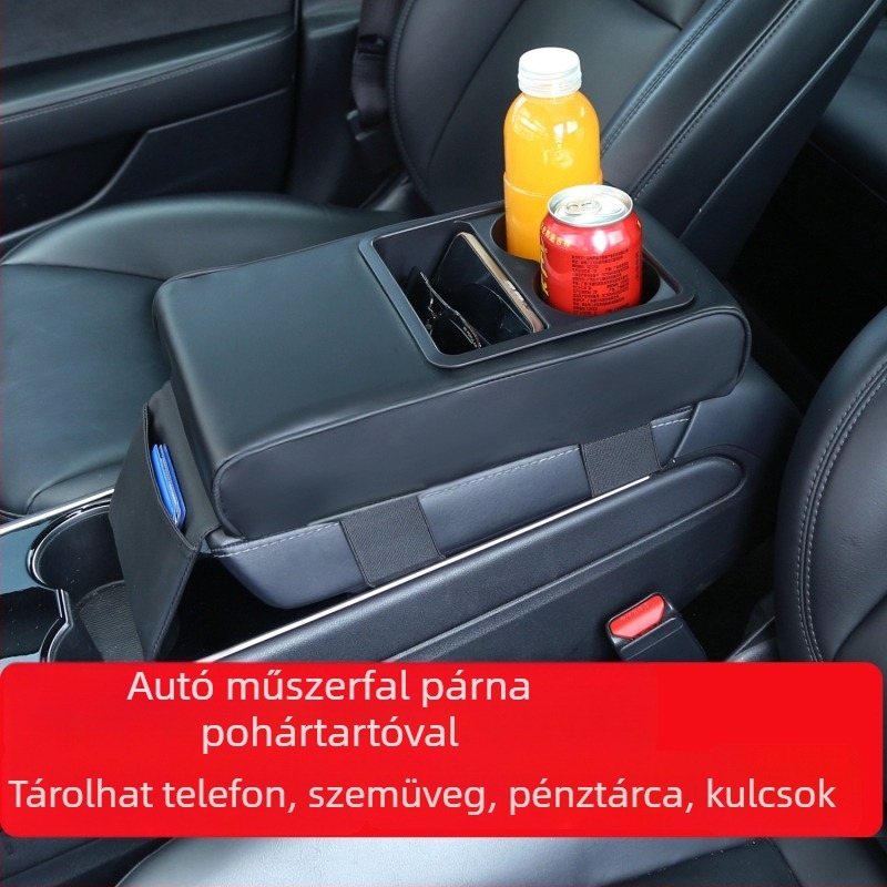 PU bőr autókarfa emelő párnával, pohártartó és tárolórekesszel, univerzális illeszkedés, SumU márka, testreszabható