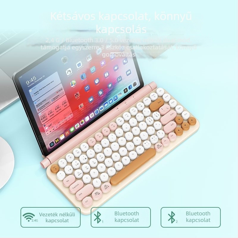 Vezeték nélküli Bluetooth kettős módú billentyűzet számítógépekhez és táblagépekhez, kerek gombokkal, Android és iOS kompatibilis, hordozható