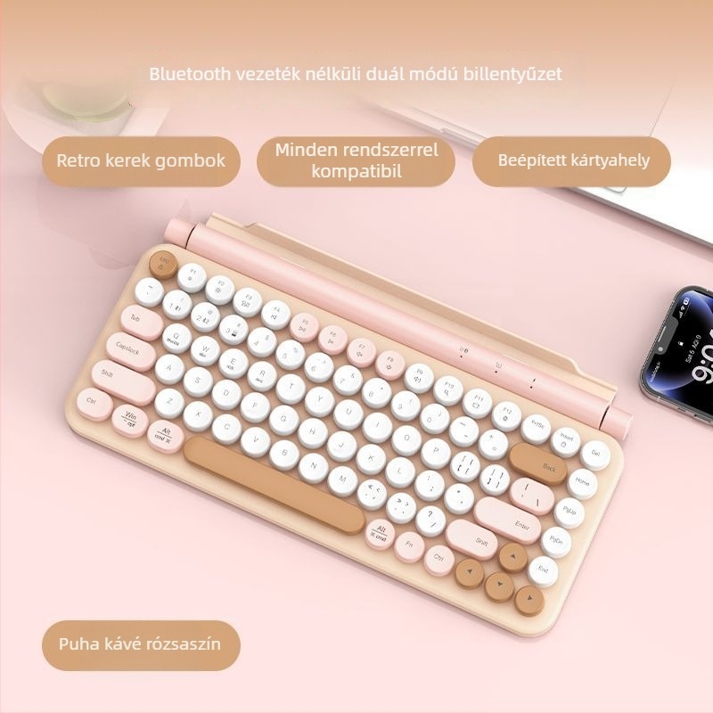 Vezeték nélküli Bluetooth kettős módú billentyűzet számítógépekhez és táblagépekhez, kerek gombokkal, Android és iOS kompatibilis, hordozható