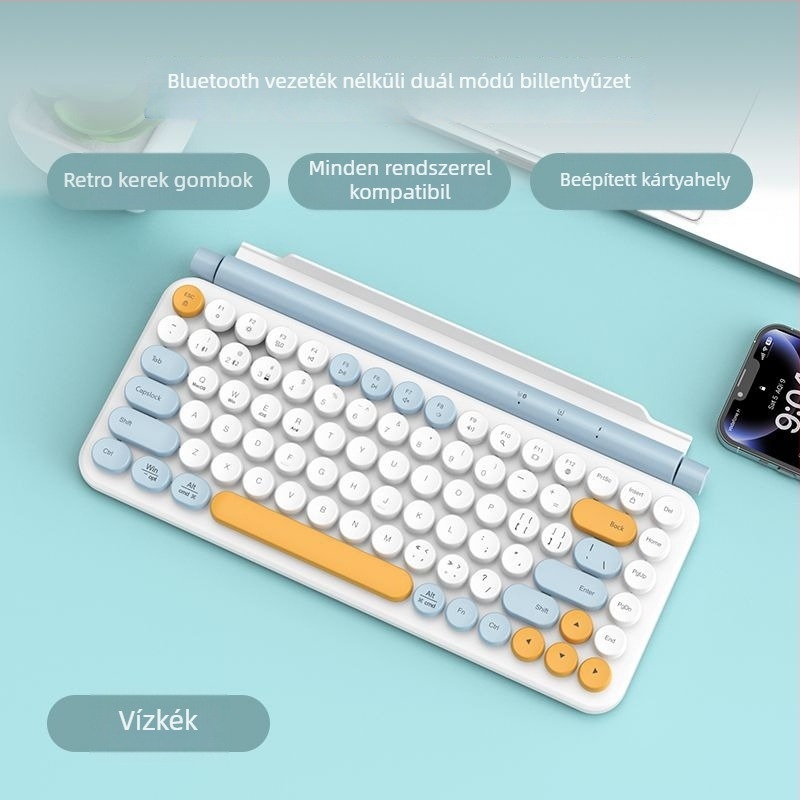 Vezeték nélküli Bluetooth kettős módú billentyűzet számítógépekhez és táblagépekhez, kerek gombokkal, Android és iOS kompatibilis, hordozható
