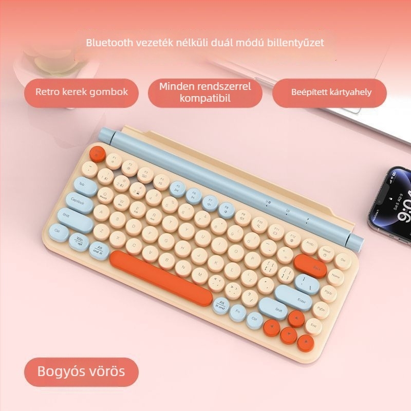 Vezeték nélküli Bluetooth kettős módú billentyűzet számítógépekhez és táblagépekhez, kerek gombokkal, Android és iOS kompatibilis, hordozható