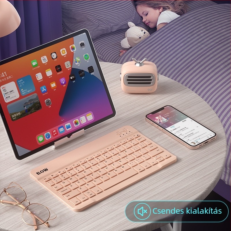Újratölthető vezeték nélküli Bluetooth billentyűzet, univerzális kompatibilitás, legfeljebb 87 billentyű, ABS anyag, háttérvilágítás nélkül.
