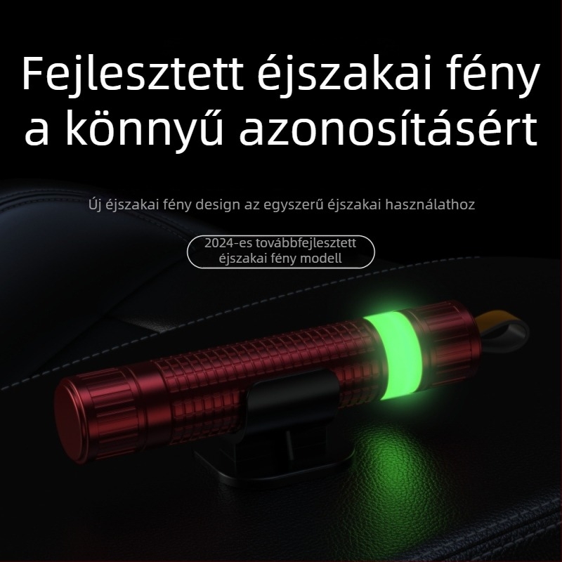 Autóablak-bontó kalapács, 2–az–1-es vágóval, alumíniumötvözet + ABS, világító