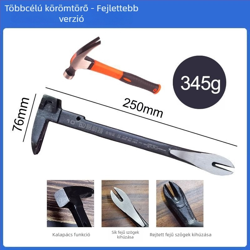 Hexagonális széntartalmú acélból készült szögkihúzó és többfunkciós eszköz kalapáccsal