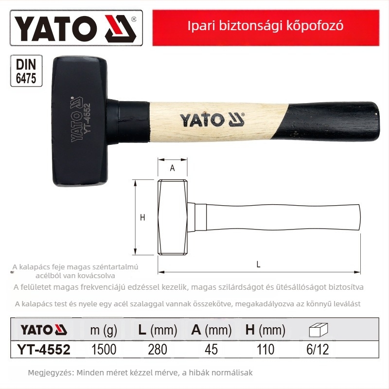 Yato Biztonságos Téglaépítő Kalapács – Nehéz Törőkalapács Fa Nyéllel, Feje Magas Széntartalmú Acélból, Négyzetes Fej, Robusztus Robbanás- és Ütésszilárd